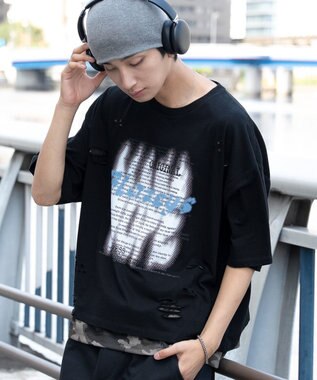 WEGO 【機能T】接触冷感メッシュレイヤードダメージT(SS) ブラック