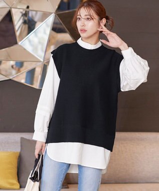 Tiaclasse L 【新色追加・2way・洗える】シャツドッキングニットベスト ブラック