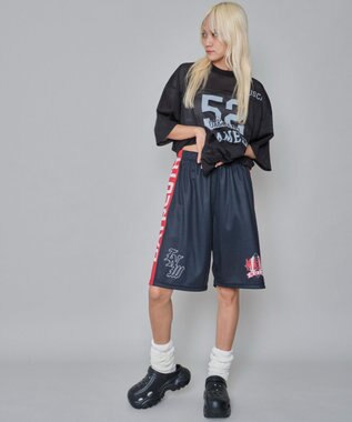 WEGO 【ユニセックス着用ITEM/ウエストゴム/MLサイズ展開】メッシュライングラフィックショーツ ブラック