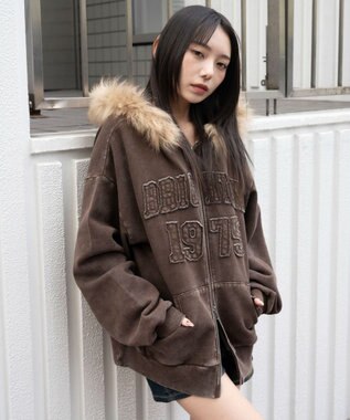 WEGO 裏起毛ファーフードBIGZIPパーカー ブラウン