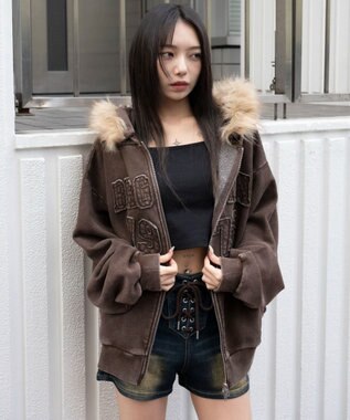 WEGO 裏起毛ファーフードBIGZIPパーカー ブラウン