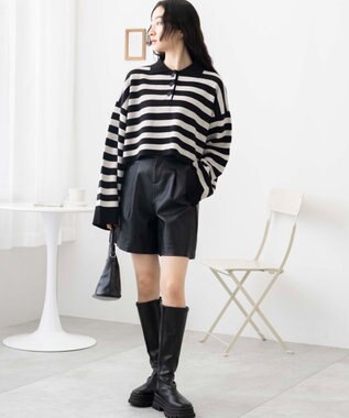 WEGO ボーダーニットポロ ブラックボーダー