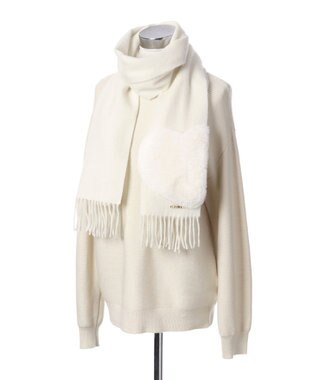 MOONBAT 【WEB限定】フルラ (FURLA)エコファー付きマフラー 無地×ハート　ウールマフラー ロゴプレート付き ホワイト