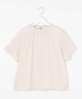 J.PRESS LADIES L 【洗える】シアーストライプ＆チェック ブラウスライク カットソー グレージュストライプ系