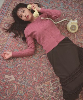 Feroux ケーブル編み×リボン刺繍 ニット カーディガン ピンク系