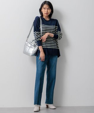 23区 L 【WEB限定カラーあり/洗える】ウーステッドウール ワイドシルエット ニット [WEB限定]ネイビー×アップル