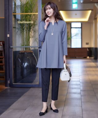 Tiaclasse 【洗える】キーネックバックツイストポンチチュニックブラウス ブルー