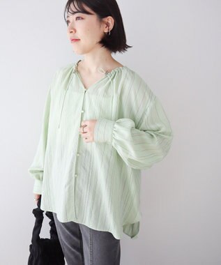 Green Parks ドロストネックシアーストライプチュニック Mint