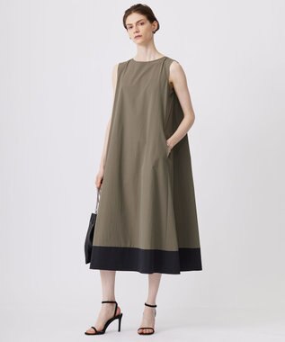 ICB L 【洗える】RENUソフトタイプライター ノースリーブワンピース カーキ×ブラック系