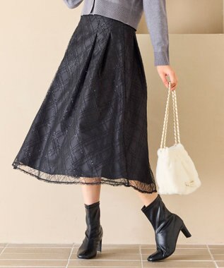 Feroux きらめきチェックフレア スカート ブラック系