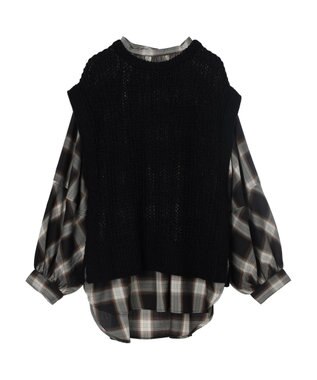 AMERICAN HOLIC ＳＥＴ　ボリュームスリーブシャツ＋ニットベスト Check Black