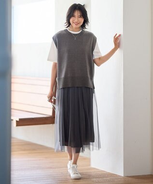 ANY 【ウエストゴム】シャイニーチュールスカート チャコール