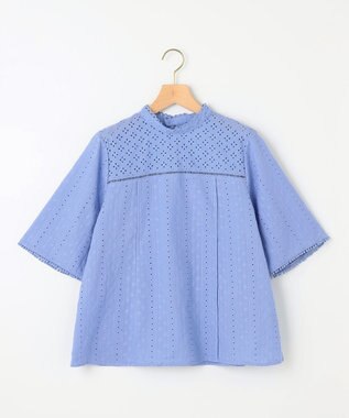 組曲 【WEB限定色あり】エンブロイダリーレース　ハイネック半袖ブラウス ヒヤシンスブルー系