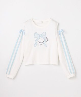 ANY KIDS 肩開きライン入り リボン長袖Tシャツ ホワイト