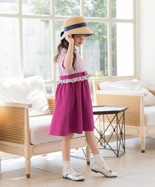 組曲 KIDS 【150-160㎝】マリンボーダー ワンピース ラズベリー