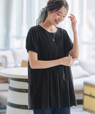 Tiaclasse 【洗える】パンチングレースピンタックチュニックブラウス ブラック