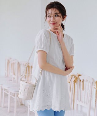 Tiaclasse 【洗える】パンチングレースピンタックチュニックブラウス オフホワイト