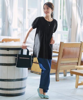 Tiaclasse 【洗える】パンチングレースピンタックチュニックブラウス ブラック