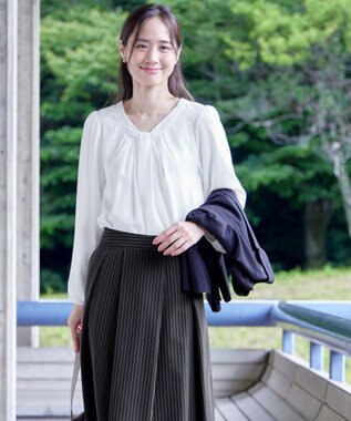 Tiaclasse 【スマート裏起毛】 ボウタイ風ブラウス オフホワイト