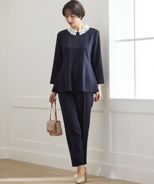 23区 L 【セットアップ対応/洗える】トリアセダブルジョーゼット 2WAYレース襟 ペプラムブラウス ネイビー系