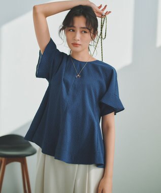 組曲 【先行予約】サッカーギンガムチェック ペプラムブラウス ブルー系3