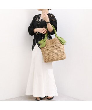 UNBILLION カシュカシュ cachecache / 下がりリボン柄編みトート カゴバッグ グリーン