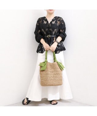 UNBILLION カシュカシュ cachecache / 下がりリボン柄編みトート カゴバッグ グリーン