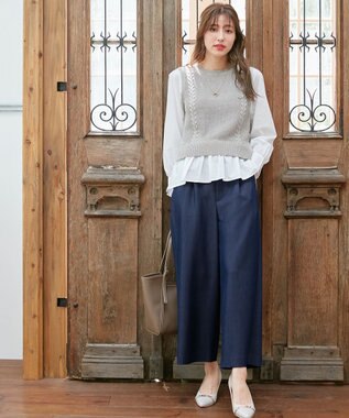 ANY SIS 【洗える】バイカラートリミングワイド パンツ シャンブレーブルー