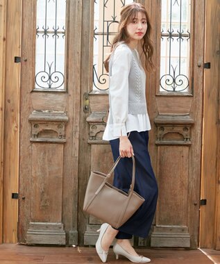 ANY SIS 【洗える】バイカラートリミングワイド パンツ シャンブレーブルー