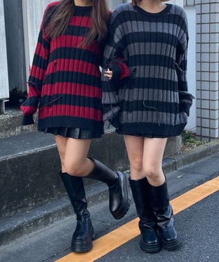 WEGO ボーダーワイドリブダメージニット レッド