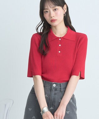 earth music&ecology 半袖ポロニットプルオーバー Red
