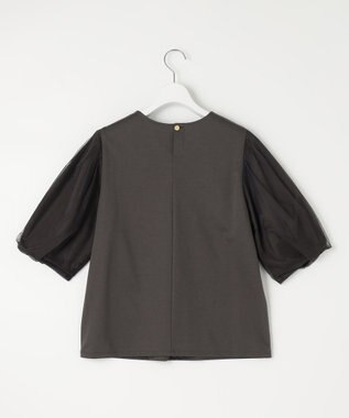 自由区 【洗える・XSサイズあり】シアーコンビパフスリーブ カットソー ダークブラウン系