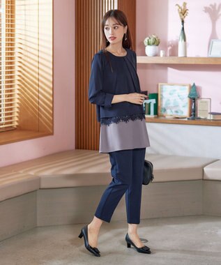 Tiaclasse 【洗える】レースコンビチュニックブラウス ネイビー