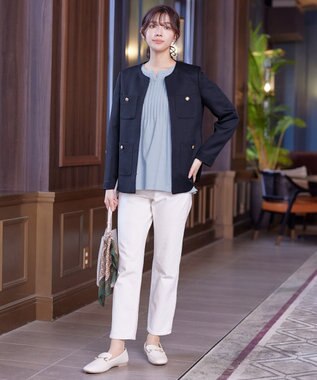 Tiaclasse 【洗える】リブ切り替えフレアニットトップス サックス