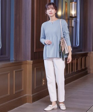 Tiaclasse 【洗える】リブ切り替えフレアニットトップス サックス