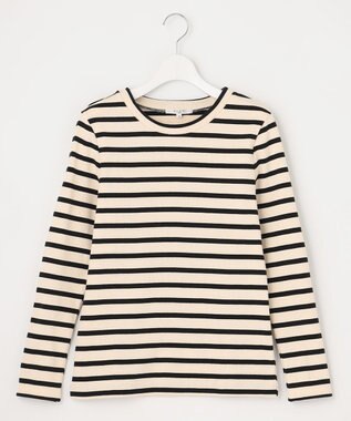 23区 L 【SLOW/洗える】ミドルフライスジャージー ロングTシャツ オフ×ブラックボーダー