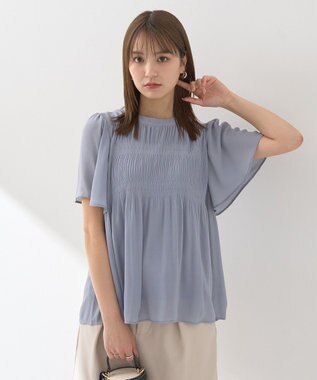 earth music&ecology マジョリカプリーツ半袖ブラウス Sax