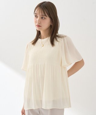 earth music&ecology マジョリカプリーツ半袖ブラウス Ivory