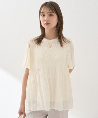 earth music&ecology マジョリカプリーツ半袖ブラウス Ivory