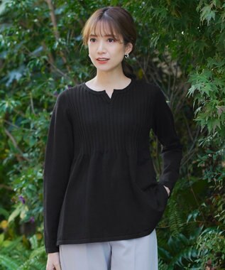 Tiaclasse L 【洗える】リブ切り替えフレアニットトップス ブラック