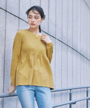 Tiaclasse 【洗える】リブ切り替えフレアニットトップス イエロー