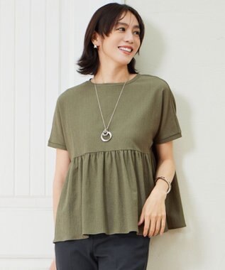 【洗える】リネンサッカーコンビペプラム カットソー