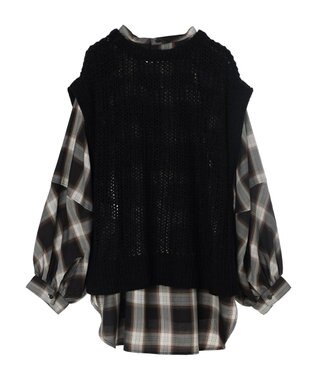 AMERICAN HOLIC ＳＥＴ　ボリュームスリーブシャツ＋ニットベスト Check Black