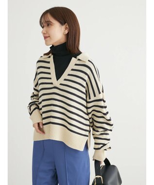 Green Parks キーネックボーダープルオーバー Off White