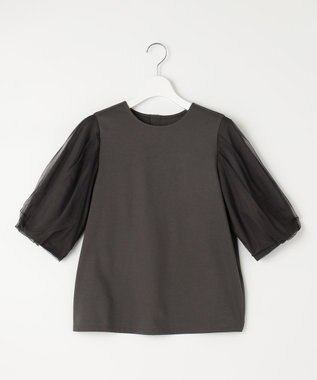 自由区 【洗える・XSサイズあり】シアーコンビパフスリーブ カットソー ダークブラウン系