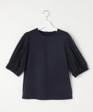 自由区 【洗える・XSサイズあり】シアーコンビパフスリーブ カットソー ネイビー系