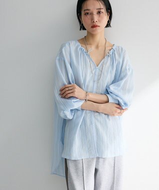 Green Parks ドロストネックシアーストライプチュニック Sax