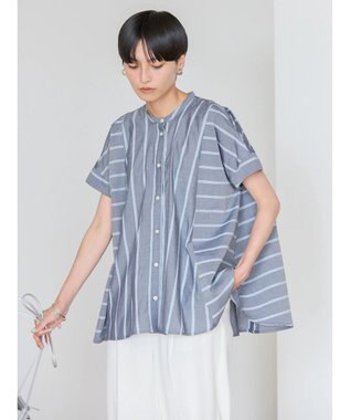 AMERICAN HOLIC 接触冷感フレンチスリーブ切り替えフレアブラウス Stripe Navy