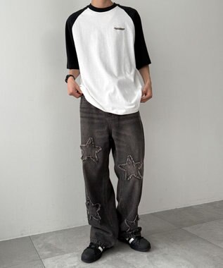 WEGO スターモチーフオーバーダイバギーパンツ ブラック