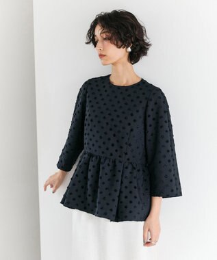 #Newans 【洗濯機可】ジャガ―ドドットペプラムブラウス ネイビー